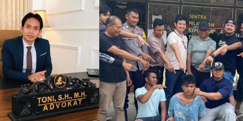 Kolase foto : Kuasa hukum keluarga Putri Apriyani, Toni RM dan Bripda Alvian didepan polisi yang menangkapnya 