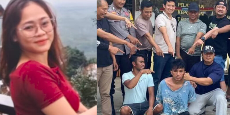 Kolase foto : Almarhumah Putri Apriyani dan Bripda Alvian Maulana Sinaga di depan tim polisi yang menangkapnya