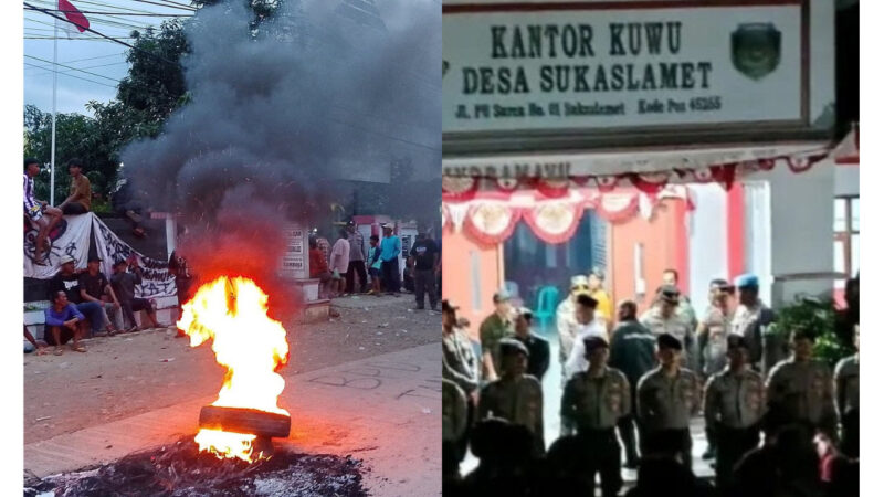 Kolase Foto : Ratusan warga melakukan unjuk rasa dari siang hingga malam hari di depan Balai Desa Sukaslamet, Kecamatan Kroya, Kabupaten Indramayu, Jumat (31/10/2025)