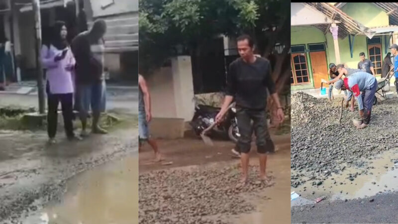 Kolase foto : Sejumlah Warga Desa Sukawera, Blok Tengah RT 04 RW 01, Kecamatan Kertasemaya, Kabupaten Indramayu, swadaya perbaiki jalan rusak. 