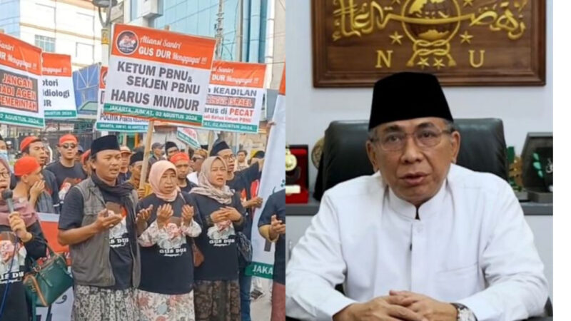Kolase foto : Aliansi Santri Gus Dur Demontrasi di Kantor PBNU, Jakarta, Jumat (2/8/2024) dan Ketua PBNU KH. Yahya Cholil Staquf atau Gus Yahya