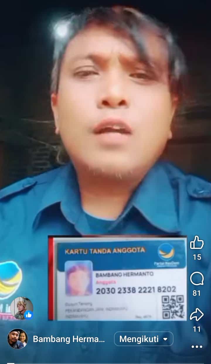 Tangkapan layar : Pria mengaku kader Partai NasDem mengkritisi Ketua DPD Partai NasDem Indramayu Lucky Hakim