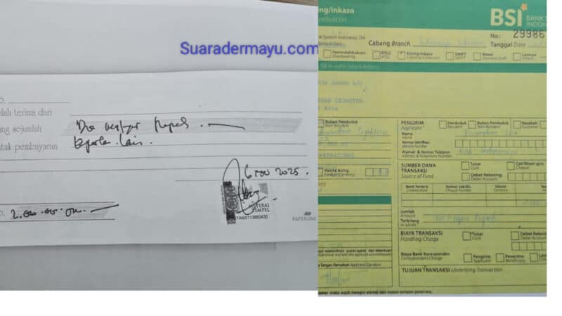 Kolase foto : Salinan Kuitansi yang diduga ditandatangani Dirut PDAM Indramayu, Nurpan dan salinan slip transfer Rp 2 miliar ke PT Berkah Ramadhan Sejahtera