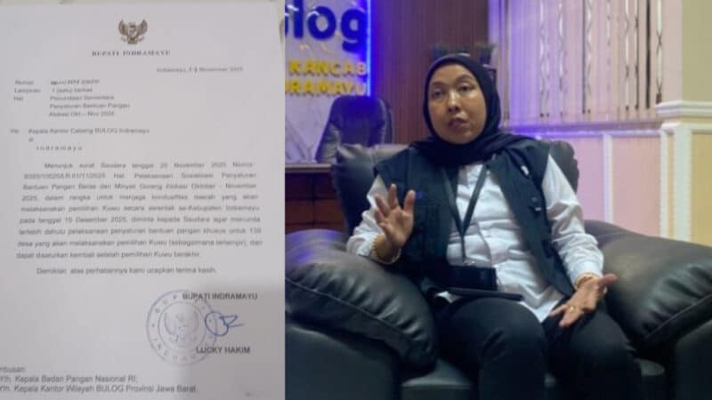 Kolase foto : Surat Bupati Indramayu ke Bulog Indramayu meminta agar penyaluran bantuan pangan ditunda sementara di desa yang menggelar Pilwu dan Pimpinan Cabang Bulog Indramayu, Sri Wahyuni
