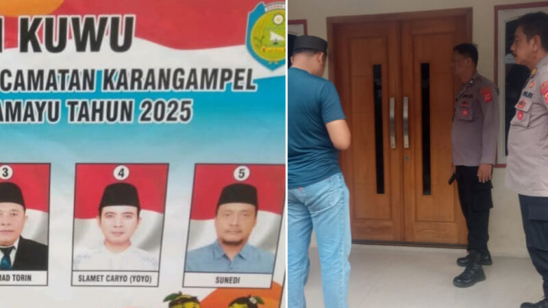 Kolase Foto : Kandidat pilwu Karangampel Lor, Slamet Caryo nomor urut 4 dan polisi mendatangi TKP rumah Slamet Caryo. 
