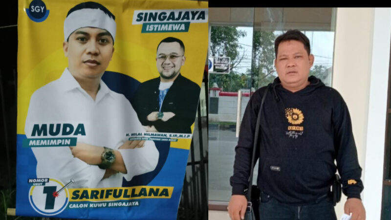 Kolase foto : Spanduk calwu Sarifullana yang didalamnya terdapat foto Anggota DPRD Jabar Hilal Hilmawan dan Ketua Yayasan Lembaga Konsultasi Bantuan Hukum Ghazanfar, Pahmi Alamsah 