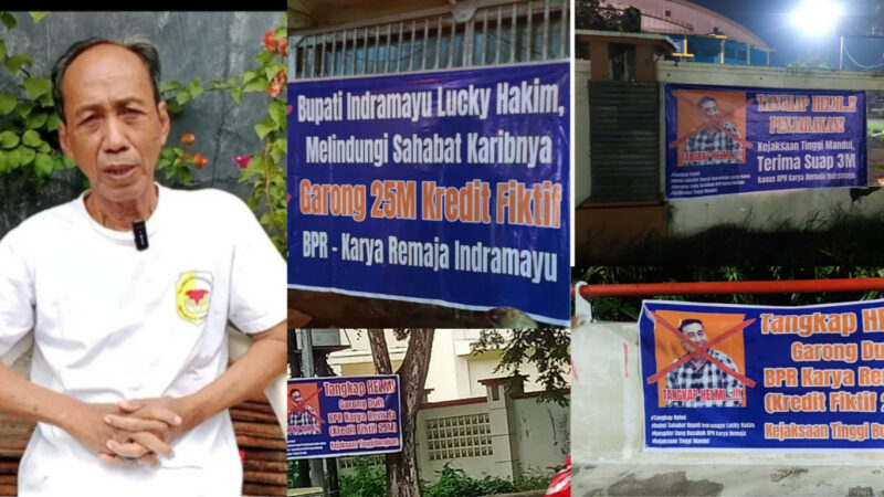 Kolase foto : Direktur PKSPD Ushj Dialambaqa (Oo) dan spanduk tuding Bupati Lucky Hakim lindungi Helmi soal kredit fiktif 25 M di BPR Karya Remaja Indramayu 