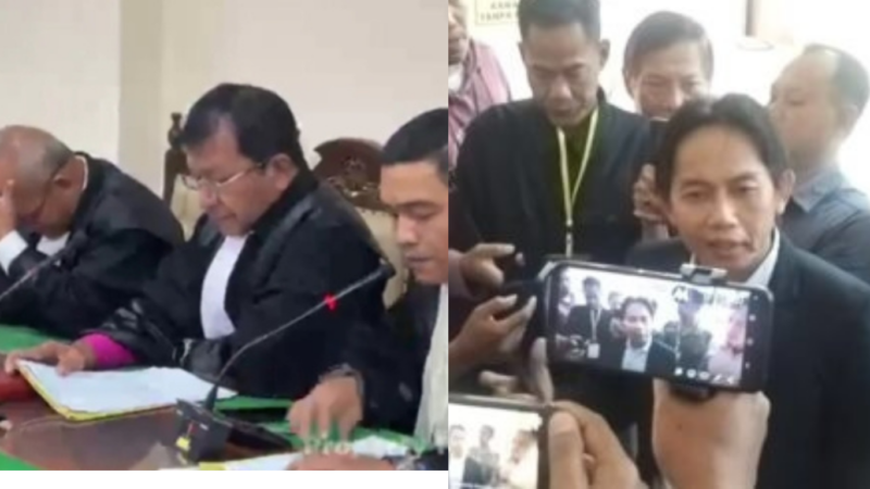 Kolase Foto : Penasehat Hukum terdakwa Alvian Sinaga membacakan eksepsi dan kuasa hukum keluarga Putri Apriyani ,Toni RM memberikan keterangan dihadapan awak media