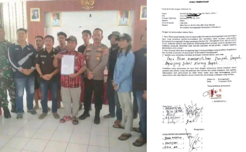 Supriyanto warga Desa Mundu Karangampel pemilik aku Facebook Upi Onol Onol membuat surat pernyataan, disaksikan sejumlah saksi, dan diketahui unsur Forum Komunikasi Pimpinan Kecamatan (Forkopimcam) Karangampel, Jumat (9/1/2026)