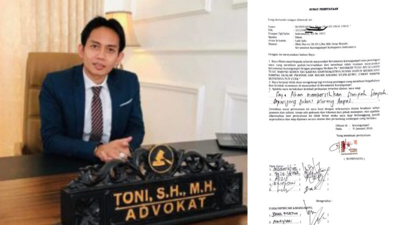 Pengacara Toni RM, S.H, M.H dan surat pernyataan Supriyanto warga Desa Mundu Karangampel pemilik aku Facebook Upi Onol Onol membuat surat pernyataan, disaksikan sejumlah saksi, dan diketahui unsur Forkofimcam Karangampel, Jumat (9/1/2026)
