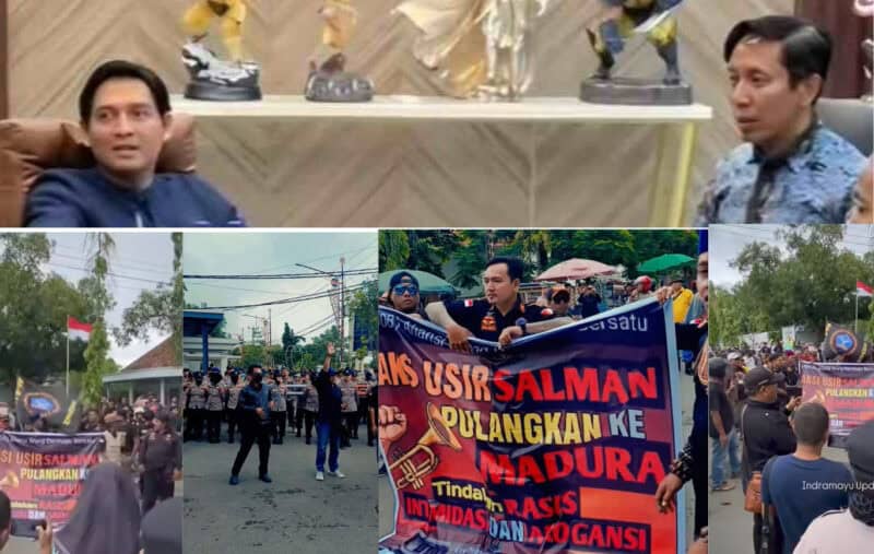 Kolase foto : Bupati Indramayu Lucky Hakim bersama Staf khusus Salman (atas) dan Ratusan massa menggelar unjuk rasa di depan Pendopo Indramayu, Senin (19/1/2026)