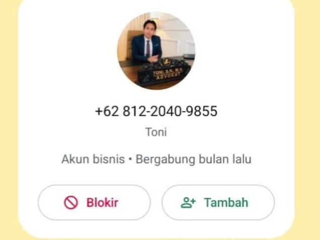 Ini nomor penipuan yang mencatut nama dan foto profil Pengacara Toni RM. Masyarakat diimbau waspada dan tidak melayani.
