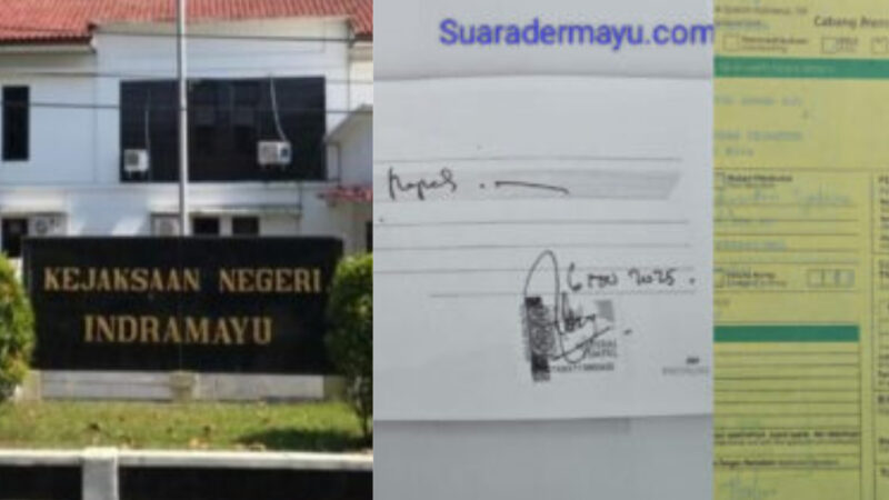 Kolase: Kantor Kejaksaan Negeri Indramayu (kiri) dan bukti kuitansi serta transfer dugaan transaksi senilai Rp 2 miliar terkait PDAM Indramayu.