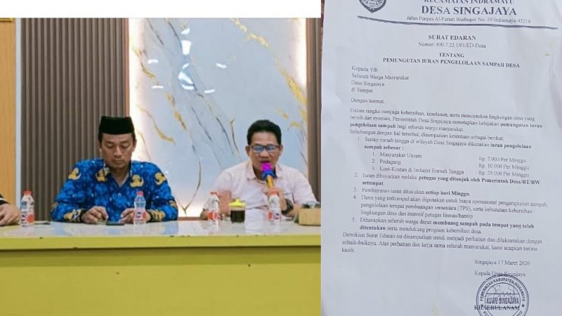 Kolase ; Kuwu Singajaya Khaerul Anam (kiri) Ketua BPD Singajaya Ahmad Khotibul Umam (kanan) dan Surat Edaran iuran pengelolaan sampah 