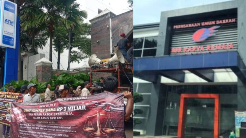 Kolase: Aliansi Nasabah Karya Remaja Indramayu (ANKRI) menggelar aksi demonstrasi jilid VII di depan Kejaksaan Agung RI, Kamis (23/4/2016) (kiri) dan Kantor BPR Karya Remaja Indramayu yang sudah dibekukan OJK. 