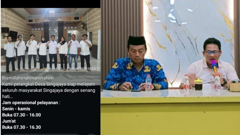 Kolase Foto: Tangkapan layar Kuwu Singajaya memposting foto bersama perangkat desa di status WhatsApp pada 18 Februari 2026 pukul 08:14:17 WIB (kiri) Kuwu Singajaya Khaerul Anam dan Ketua BPD Singajaya Ahmad Khotibul Umam (kanan)