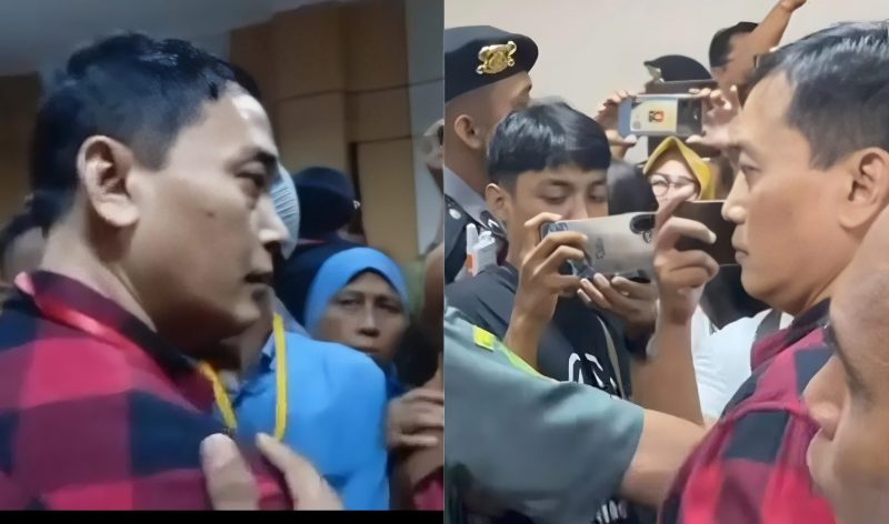 Eks Penasehat Hukum terdakwa Priyo dan Ririn, Ruslandi (baju merah) emosi di ruang persidangan pembunuhan satu keluarga di Indramayu