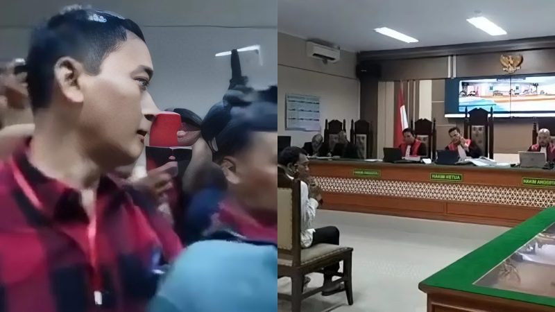 Eks penasehat hukum terdakwa Ririn dan Priyo, Ruslandi (baju merah) Suasana sidang pembunuhan satu keluarga di Indramayu (kanan)