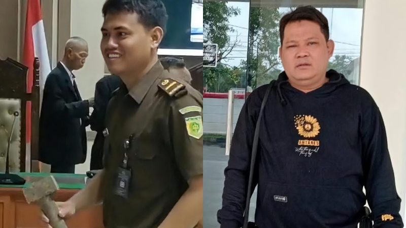 Kolase Foto : Jaksa tanpa sarung tangan sedang memegang Palu Godam (kiri) Ketua LBH Ghazanfar Pahmi Alamsah (kanan)