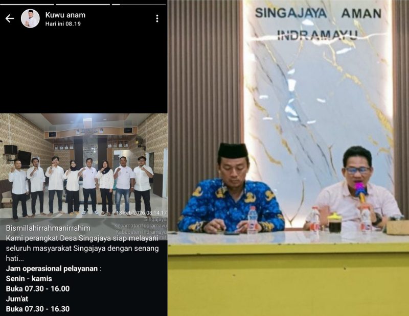 Kolase Foto: Tangkapan
layar Perangkat Desa Singajaya sudah bekerja 18 Februari 2026 (kiri) Kuwu Singajaya Khaerul Anam dan Ketua BPD Singajaya Ahmad Khotibul Umam yang mengatakan seleksi perangkat desa pada 21 Februari 2026 (kanan)