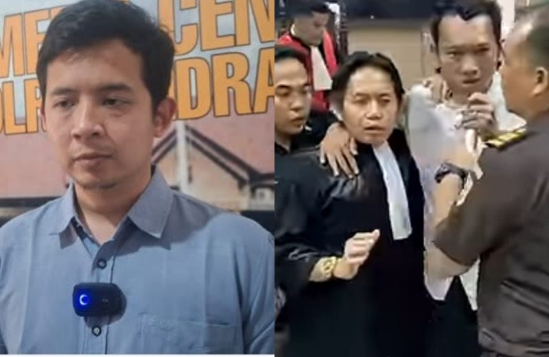 Kasat Reskrim Polres Indramayu, AKP Muchammad Arwin Bachar (kiri) terdakwa Ririn Rifanto (baju putih) memberikan pengakuan bahwa dipaksa mengaku oleh polisi 