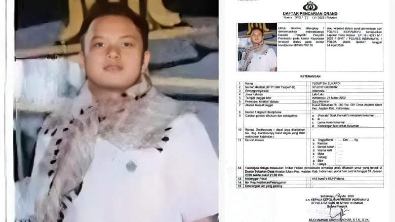 Kepolisian Resor Indramayu resmi menerbitkan Daftar Pencarian Orang (DPO) atas nama Yusup Bin Sukardi (24 tahun), guru honorer sekaligus pelatih ekstrakurikuler bela diri di salah satu SMP Kecamatan Anjatan